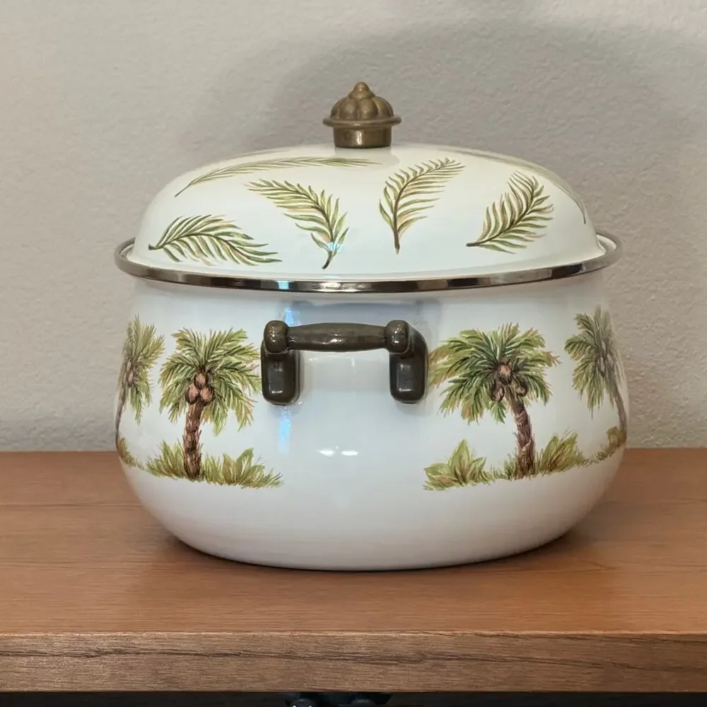 Tabletops Unlimited Palm Grove 8 Qt Enamel Stockpot Dutch Oven Palm Trees Lid